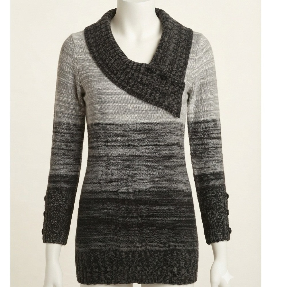 Say What? Women Y2K Vintage Grey Ombre Shawl Collar Knit Tunic Sweater Size S